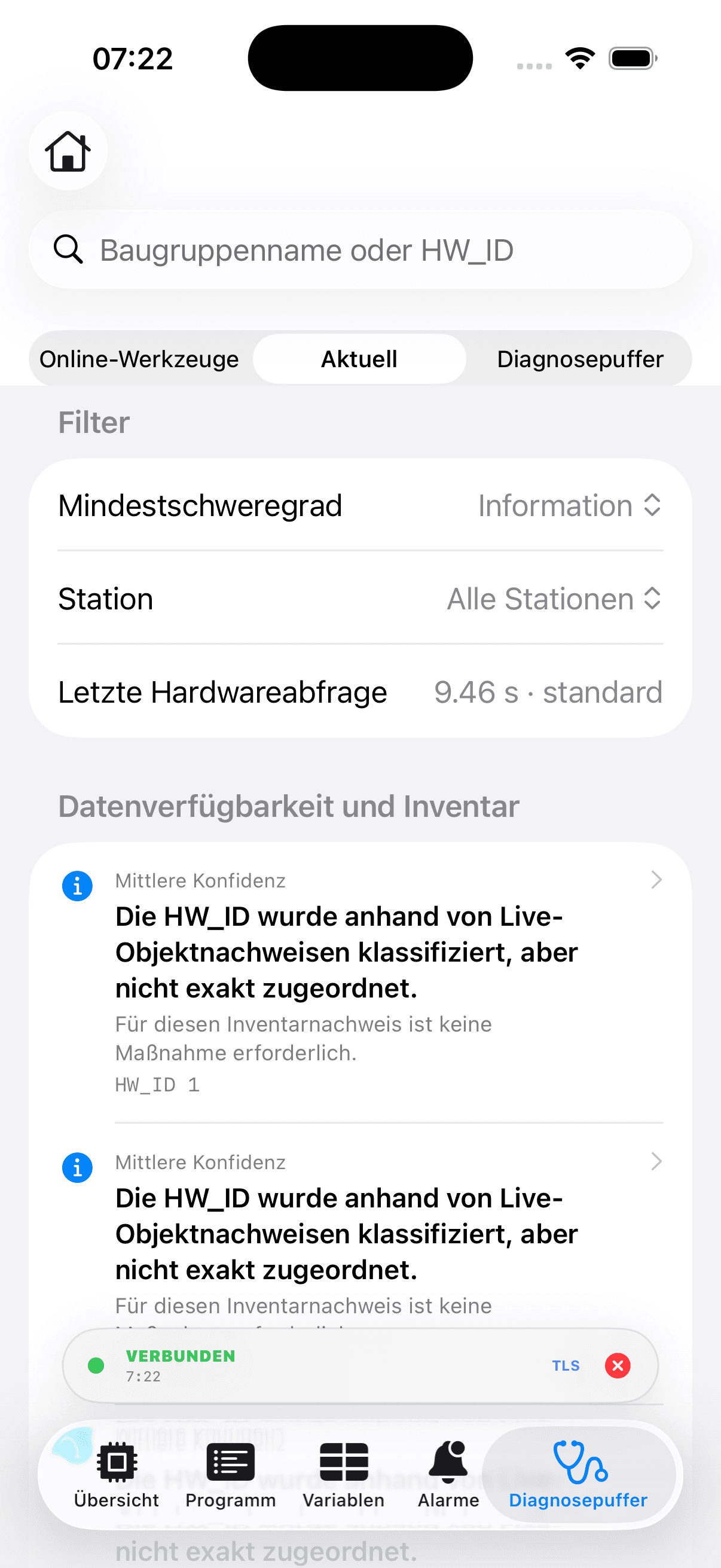 PLC Probe Hardwarediagnose mit klassifizierten und bestätigten HW-ID-Nachweisen