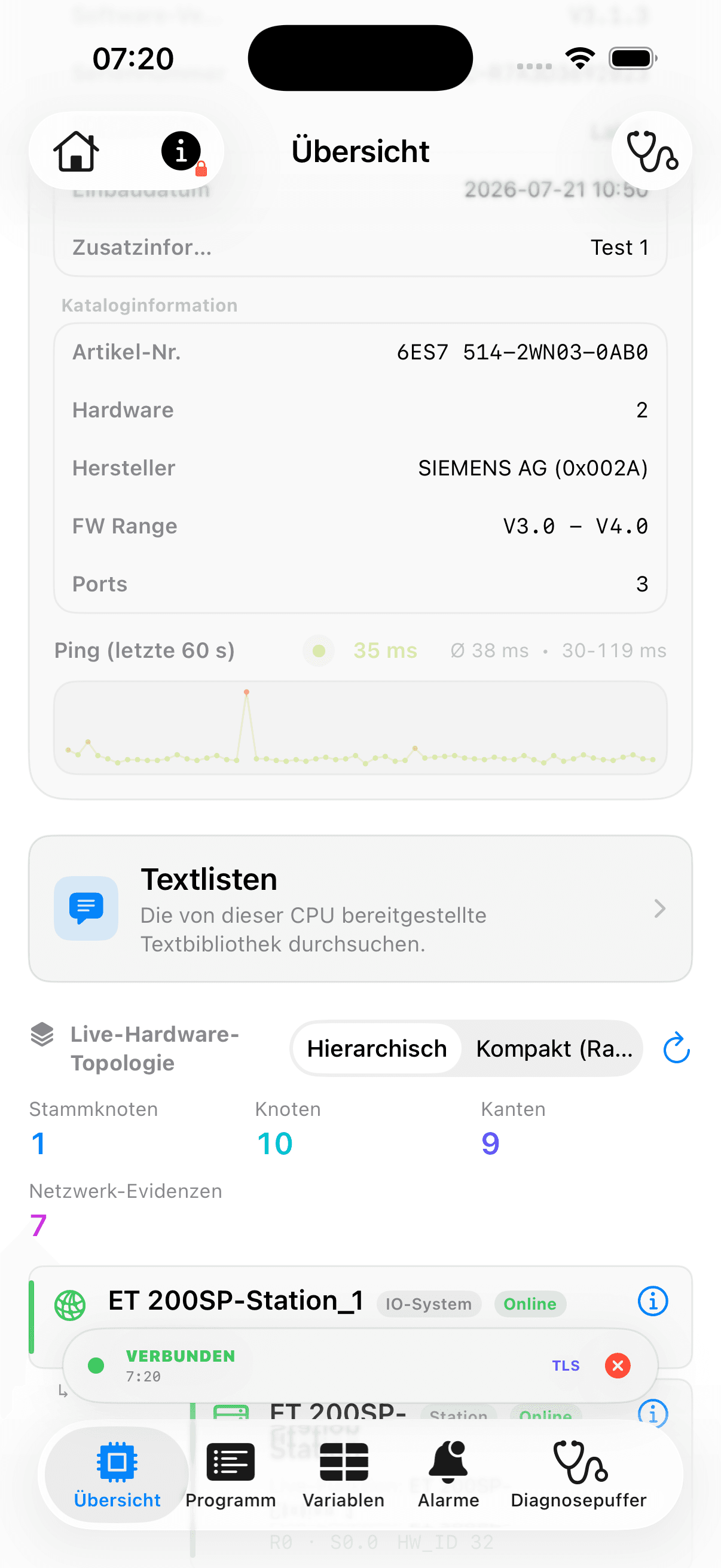 PLC Probe zeigt die live gelesene Hardwaretopologie einer verbundenen S7-1500