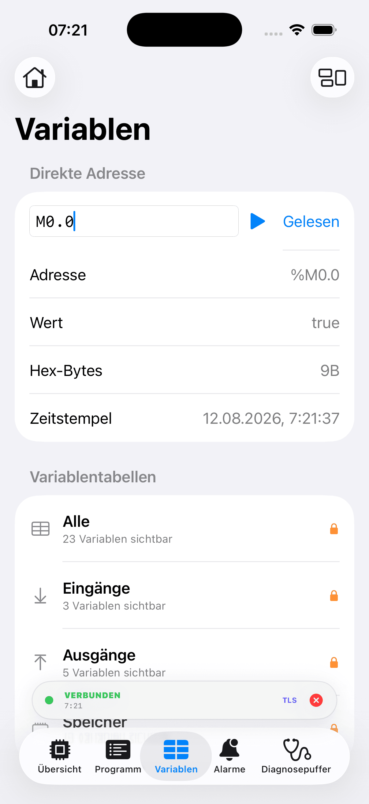 PLC Probe Variablentabelle mit aktuellen BOOL- und BYTE-Werten